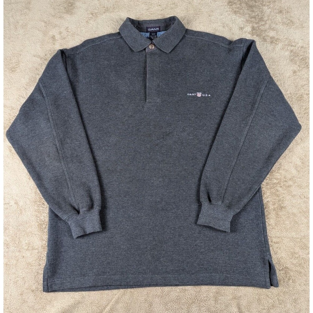 Gant Men's Gray Long Sleeve 1/4 Button Collared Sweater Embroidered Logo